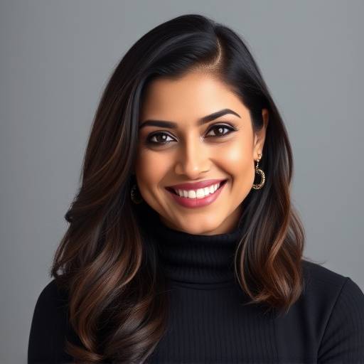 Aisha Khan, smiling confidently, professional photo