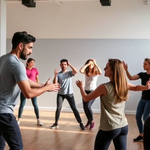 Students participating in physical exercises during a Movement for Actors class